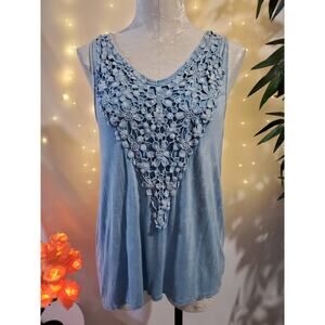 Knox Rose Oil Wash Floral Crochet Blue Boho Tunic Tank Women's Size XS Cottage